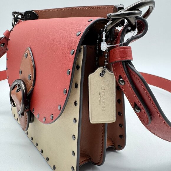 COACH Beat 18 rivets leather shoulder crossbody bag -Red Sand Ivory Tan - Picture 4 of 13